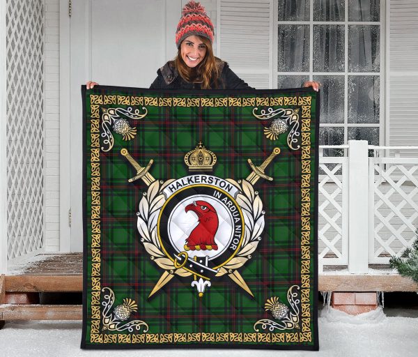 Halkerston Tartan Crest Premium Quilt - Celtic Thistle Style Cheap