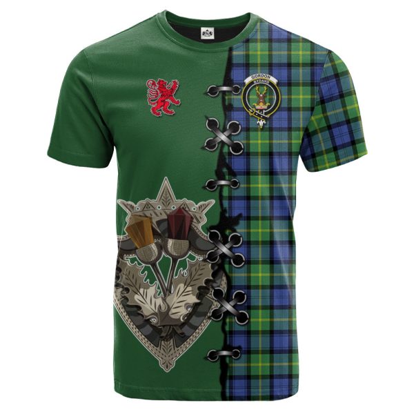 Gordon Old Ancient Tartan T-shirt - Lion Rampant And Celtic Thistle Style Sale