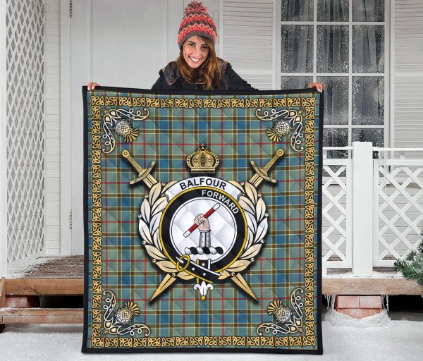 Balfour Blue Tartan Crest Premium Quilt - Celtic Thistle Style For Cheap