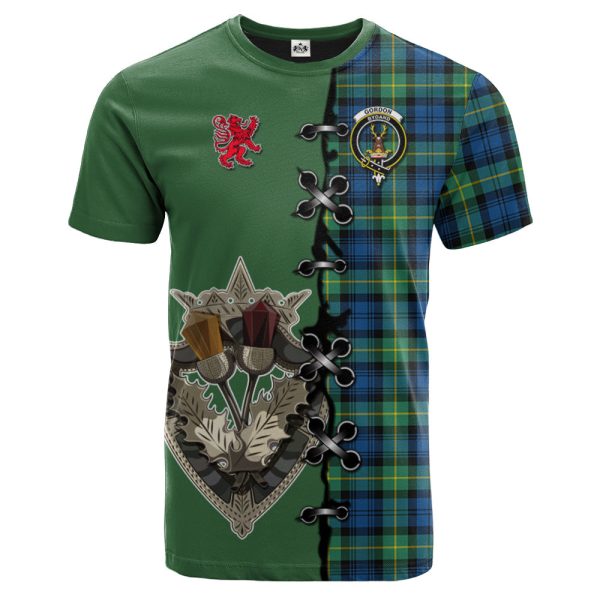 Gordon Ancient Tartan T-shirt - Lion Rampant And Celtic Thistle Style Discount