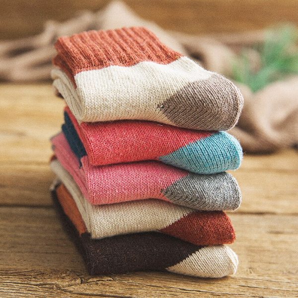 5 Pairs Women Winter Socks Vintage Patchwork Rabbit Wool Cotton Socks Fashion